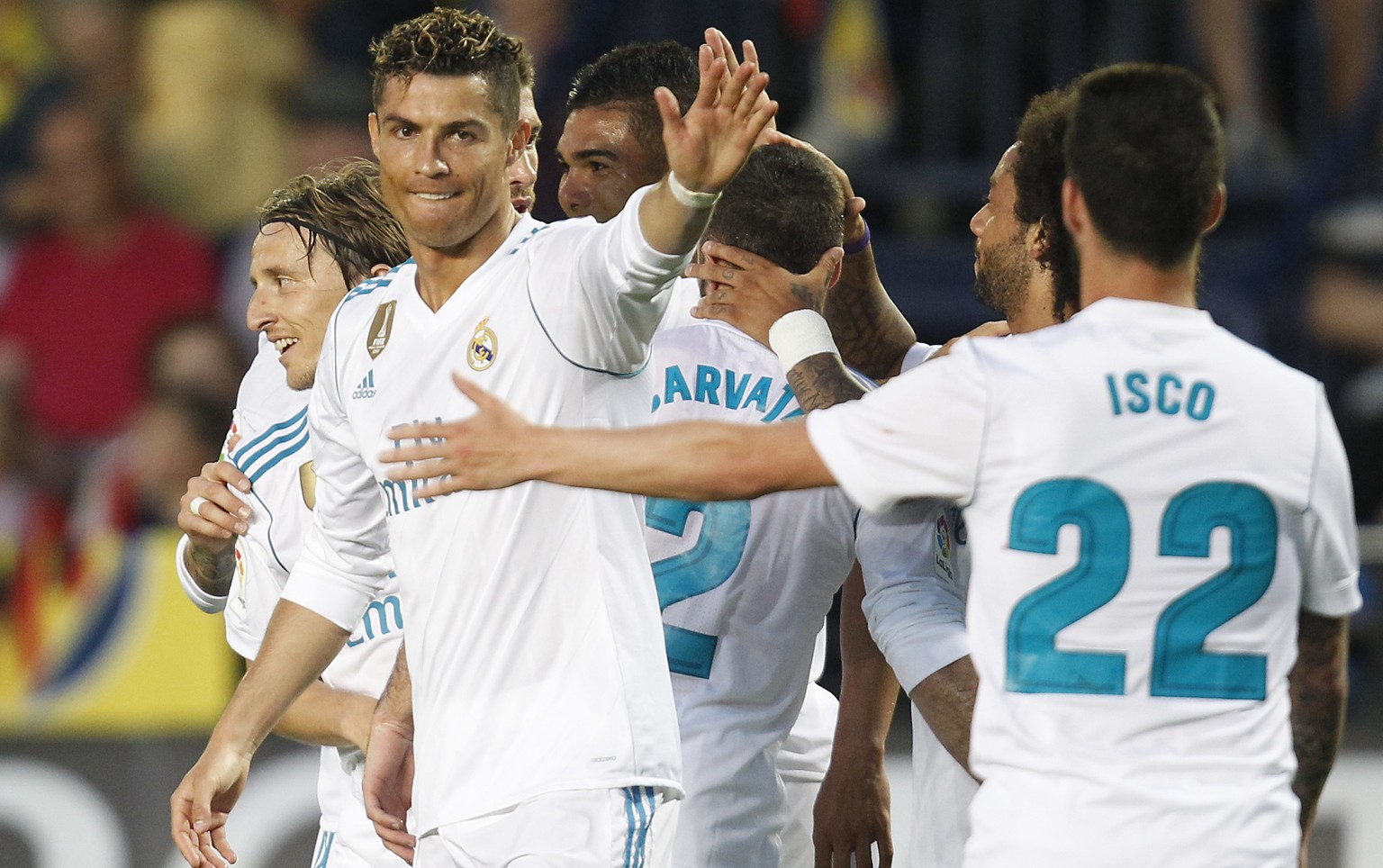 Real Madrid&#039;s Cristiano Ronaldo celebrates after scoring against Villarreal during a Spanish La Liga soccer match at the Ceramica stadium in Villarreal, Spain, Saturday, May 19, 2018. (AP Photo/A ...