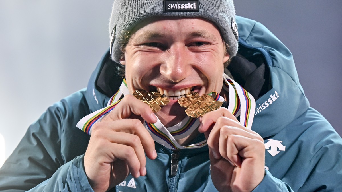Winner Marco Odermatt of Switzerland celebrates during the medal ceremony of the men's giant slalom race at the 2023 FIS Alpine Skiing World Championships in Courchevel/Meribel, France, Friday, F ...