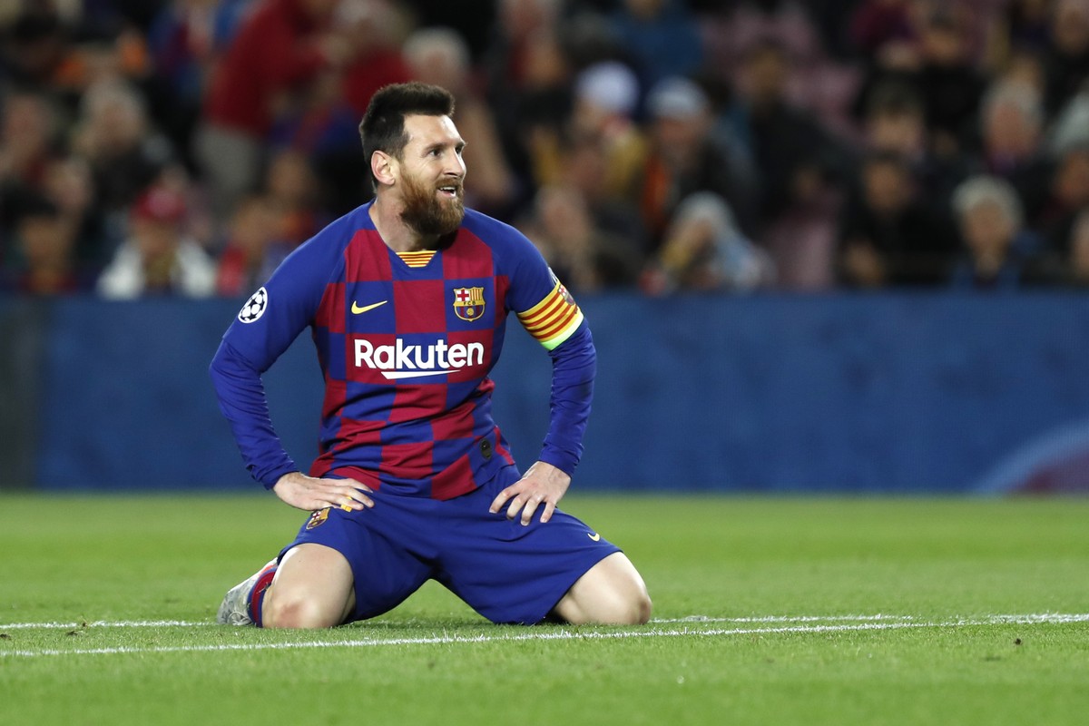 FILE - In this Nov. 5, 2019 file photo, Barcelona's Lionel Messi reacts during a Champions League Group F soccer match against Slavia Praha at Camp Nou stadium in Barcelona, Spain. Lionel Messi h ...