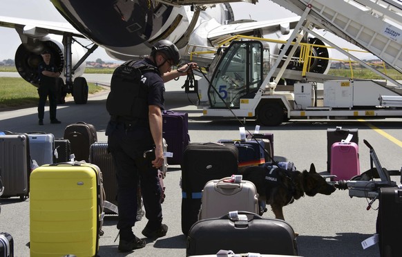 In this image released by Serbian Police, police bomb officers inspect a Lufthansa plane at Belgrade airport, Serbia, Thursday, July 18, 2019. Serbian police say they have arrested a man over a bomb s ...