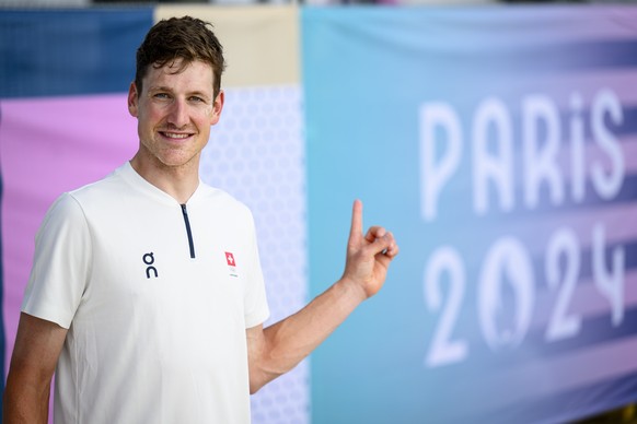 Switzerland's cyclist Stefan Kueng poses for the photographer before a press conference prior the 2024 Paris Summer Olympics at the Invalides Olympic site in Paris, France, Wednesday, July 24, 20 ...