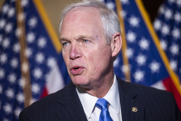 epa09741709 Republican Senator from Wisconsin Ron Johnson speaks on what he called a crime wave sweeping the US in the Russell Senate Office Building in Washington, DC, USA, 09 February 2022. Johnson  ...