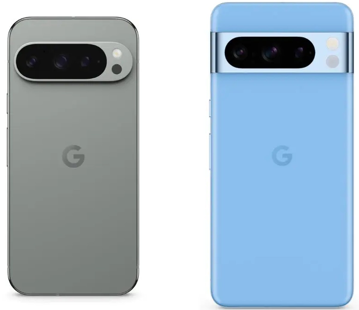 Pixel 9 Pro (à gauche) et le Pixel 8 Pro de l'année dernière. Le dos du nouveau modèle a une apparence plus élégante.
