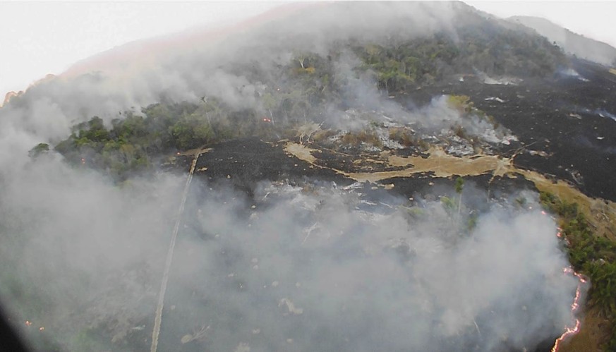 In this Aug. 20, 2019 drone photo released by the Corpo de Bombeiros de Mato Grosso, brush fires burn in Guaranta do Norte municipality, Mato Grosso state, Brazil. Brazil's National Institute for Spac ...