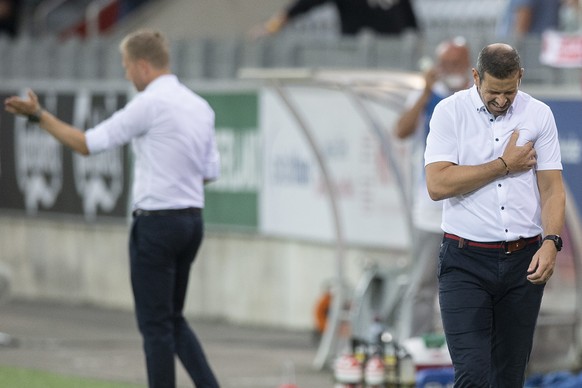 Vaduz&#039; Cheftrainer Mario Frick gestikuliert im Fussball Barrage Rueckspiel zwischen dem FC Thun aus der Super League und dem FC Vaduz aus der Challenge League, am Montag, 10. August 2020, in der  ...