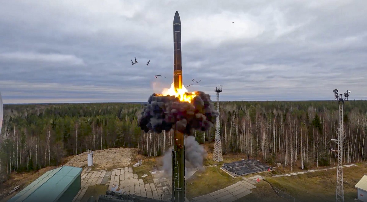 In this handout photo taken from video released by Russian Defense Ministry Press Service on Wednesday, Oct. 26, 2022, a Yars intercontinental ballistic missile is test-fired as part of Russia's  ...