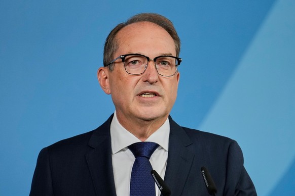 Germany's Interior Minister Alexander Dobrindt speaks to the media during a press conference in Berlin on Tuesday, Sept. 1, 2026, about the attempted attack on Leipzig/Halle Airport last month wi ...
