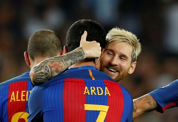 Football Soccer - Barcelona v Sevilla - Spanish SuperCup second leg - Camp Nou stadium, Barcelona , Spain - 18/08/16 Barcelona's Arda Turan and Lionel Messi celebrate a goal against Sevilla. REUT ...