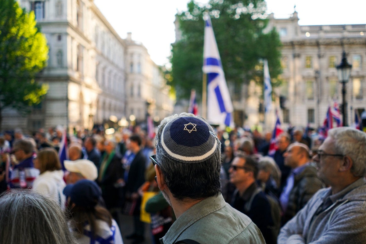 KEYPIX - Protesters gather near Downing Street during a national emergency rally organized by the Campaign Against Antisemitism following a knife attack in Golders Green, in London, Thursday, April 30 ...