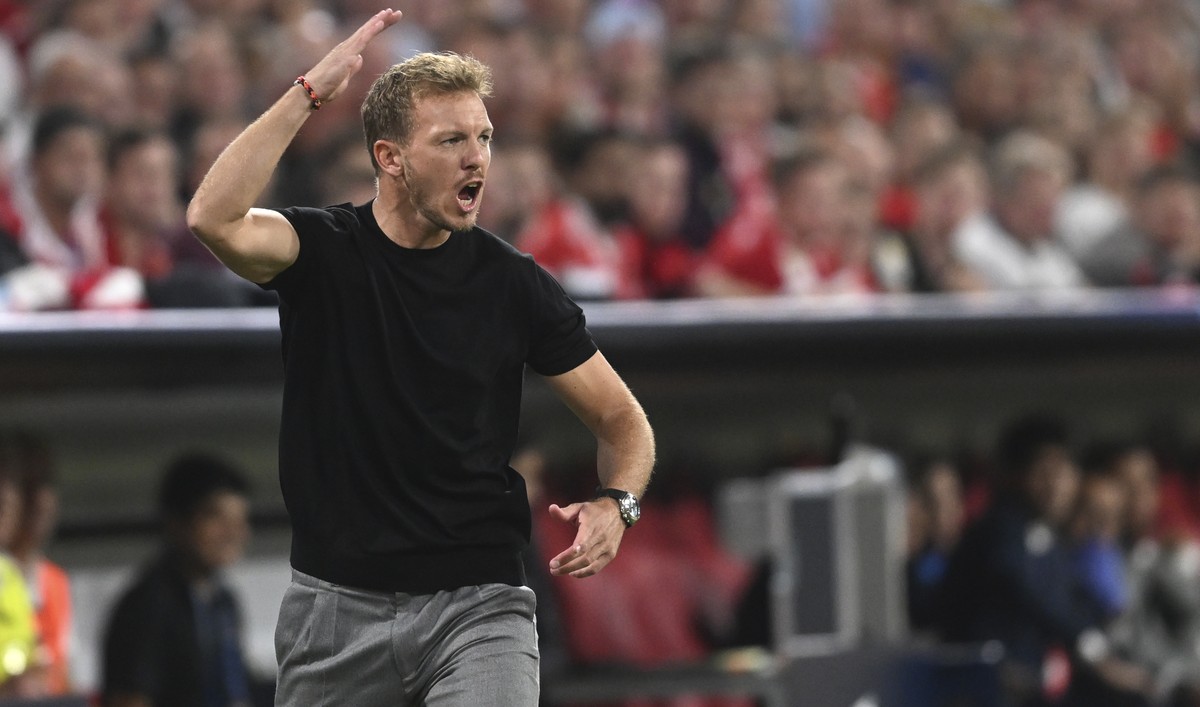 FILE - Then Bayern's head coach Julian Nagelsmann reacts during the Champions League, group C soccer match between Bayern Munich and Barcelona at the Allianz Arena in Munich, Germany, on Sept. 13 ...