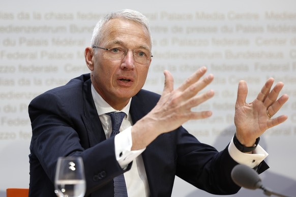 Axel Lehmann, Chairman Credit Suisse, speaks during a press conference, on Sunday, 19 March 2023 in Bern. The bank UBS takes over Credit Suisse for 2 billion US dollars. (KEYSTONE/Peter Klaunzer)