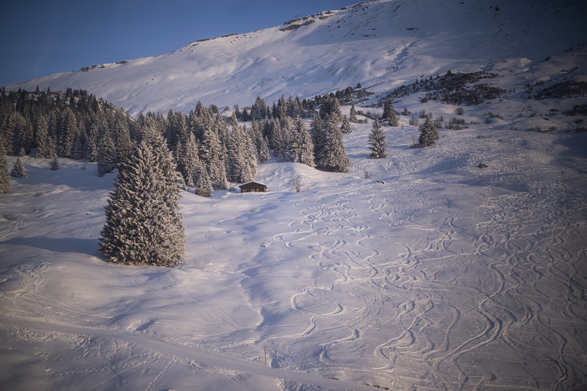 Spuren von Variantenfahrern im Tiefschnee, aufgenommen waehrend den Weihnachtsferien, am Samstag, 4. Januar 2025, in Flims. (KEYSTONE/Gian Ehrenzeller)