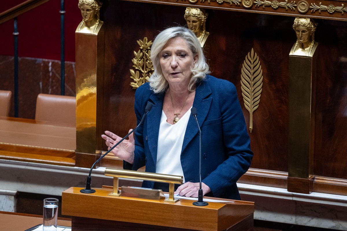 epa12849037 French member of Parliament for far-right party Rassemblement National (RN) Marine Le Pen speaks during a debate on the situation in the Middle East at the National Assembly in Paris, Fran ...