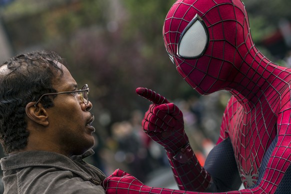 This photo provided by Sony Pictures shows Jamie Foxx, as Max Dillon, left, and Andrew Garfield as Spider-Man, in Columbia Pictures&#039; &quot;The Amazing Spider-Man 2.&quot; Sony Pictures debuted 30 ...