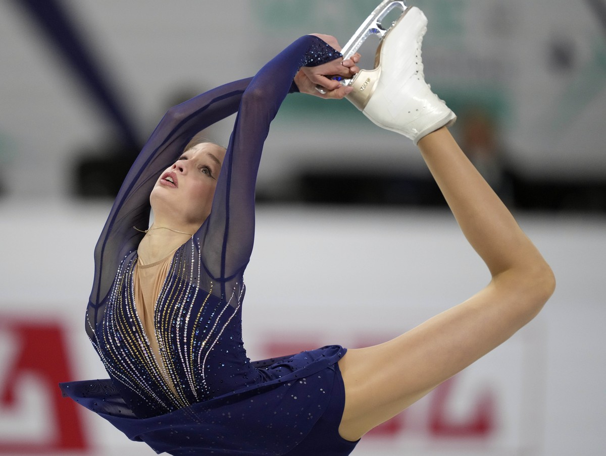 Kimmy Repond of Switzerland performs her free skate in the women's competition at the figure skating world championships in Montreal, Friday, March 22, 2024. (Christinne Muschi/The Canadian Press ...