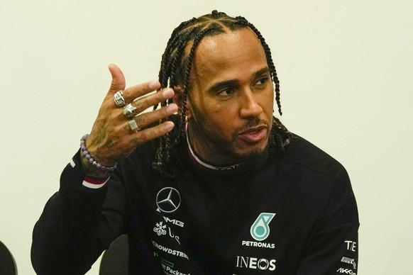 Mercedes driver Lewis Hamilton of Britain gestures during a news conference at the Monza racetrack, in Monza, Italy, Thursday, Sept. 8, 2022. The Formula one race will be held on Sunday. (AP Photo/Luc ...