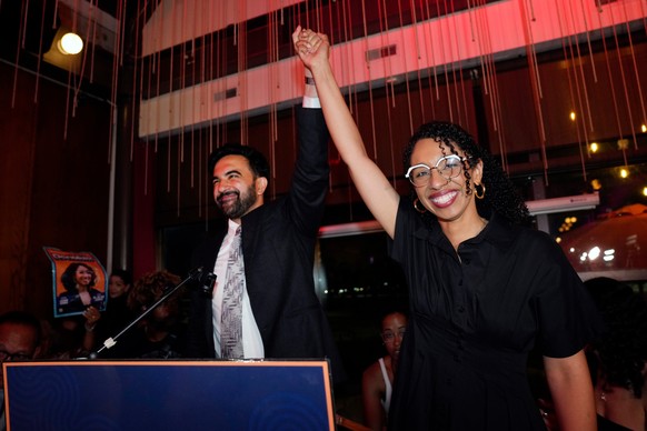 New York City Mayor Zohran Mamdani, celebrates with Democratic congressional candidate Darializa Avila Chevalier during an election night watch party Tuesday, June 23, 2026, in New York. (AP Photo/Set ...