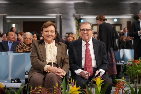 The Venezuelan opposition presidential candidate in the 2024 presidential election, Edmundo Gonzales with his wife Mercedes López at Oslo City Hall before the Nobel Peace Prize award ceremony, in Oslo ...