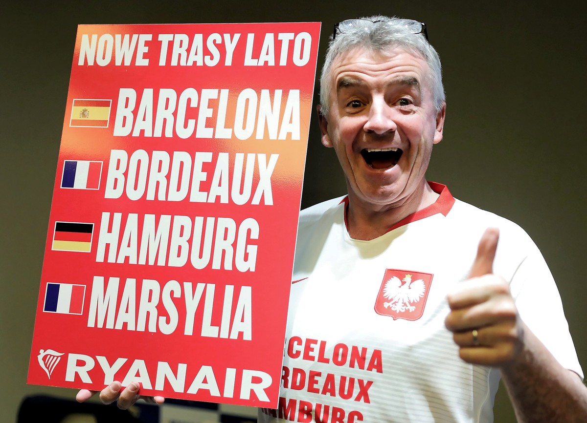 epa06998837 Ryanair CEO Michael O'Leary reacts during a press conference in Warsaw, Poland, 05 September 2018. O'Leary presented the low cost airline's four new routes to Barcelona in S ...