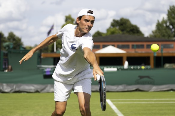 Switzerland&#039;s Marc-Andrea Huesler in action during a training session at the All England Lawn Tennis Championships in Wimbledon, London, Saturday, June 25, 2022. The Wimbledon Tennis Championship ...