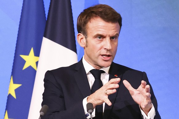 France&#039;s President Emmanuel Macron delivers a speech to heads of the country&#039;s most climate-damaging industries, at the Elysee Palace, in Paris, Tuesday, Nov. 8, 2022. Just back from the U.N ...