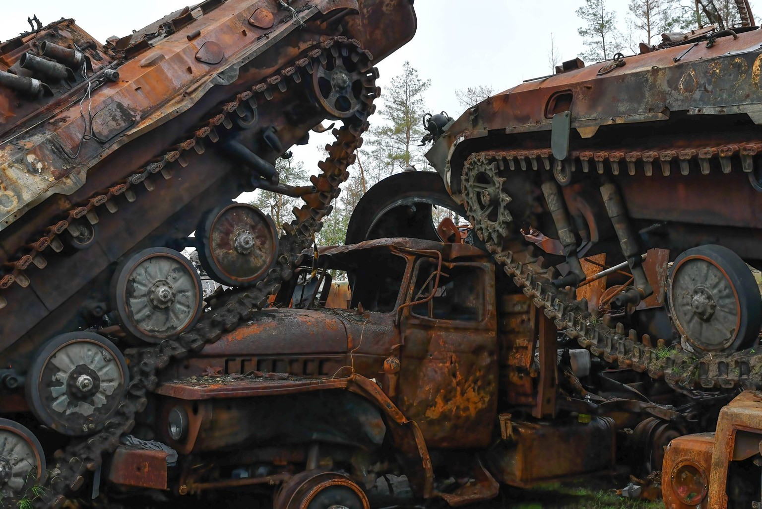 October 11, 2022, Lyman, Donetsk, Ukraine: Destroyed Russian military equipment is seen placed in an area at the recaptured town of Lyman. As part of a rapid Ukrainian counteroffensive which recapture ...