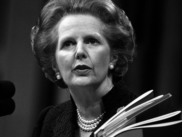 Prime Minister Margaret Thatcher addresses the 55th Annual Conservative Women 's Conference at the Barbican Centre in London, May 22, 1985. Her keynote speech was on inflation.(KEYSTONE/EPA/PA/St ...