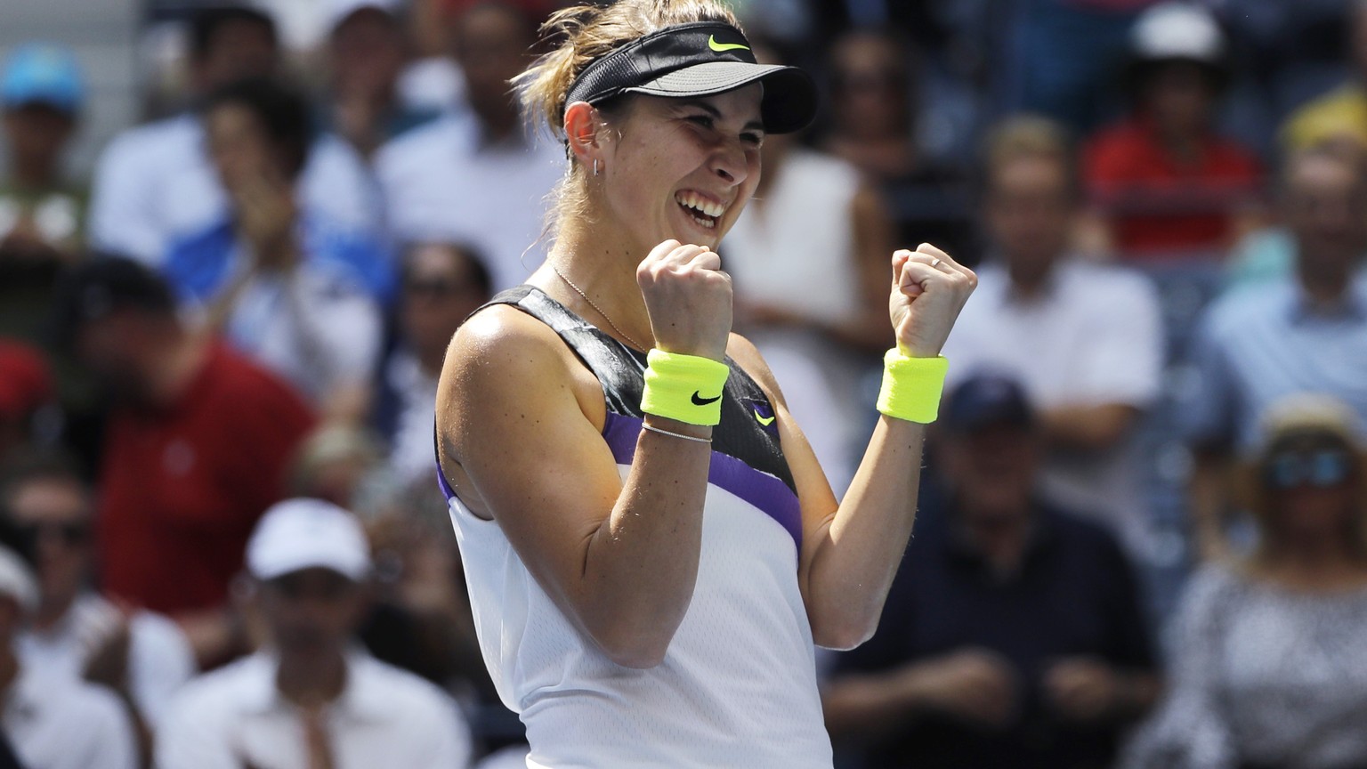 Belinda Bencic, of Switzerland, celebrates after defeating Donna Vekic, of Croatia, during the quarterfinals of the U.S. Open tennis championships Wednesday, Sept. 4, 2019, in New York. (AP Photo/Fran ...