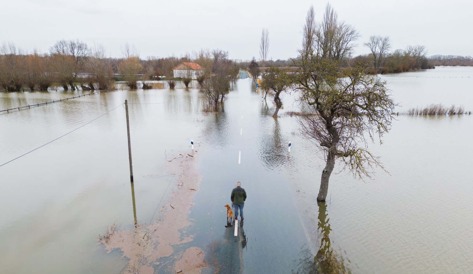 27.12.2023, Niedersachsen, Hemmingen: Ein Mann steht mit seinem Hund auf der �berfluteten Landstra�e zwischen Harkenbleck und Wilkenburg in der s�dlichen Region Hannover. Der Fluss Leine ist hier beim ...