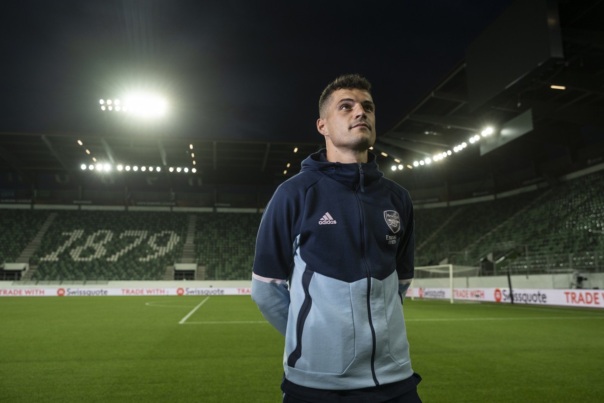 Arsenal's Granit Xhaka poses after a press conference one day prior to the UEFA European League Group a soccer game between Switzerland's FC Zuerich and England's Arsenal, Tuesday, Sept ...