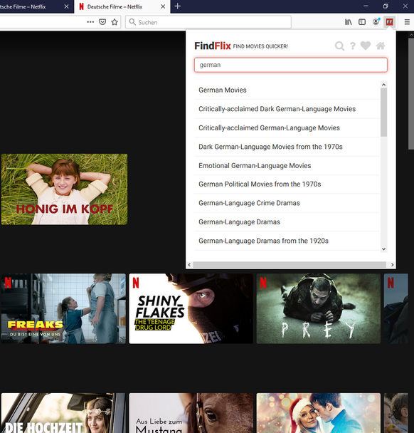 Mit dem Add-on «FindFlix» wird der Browser zu einer Suchmaschine für Netflix. So lassen sich beispielsweise auch Filme mit bestimmten Schauspielern finden.