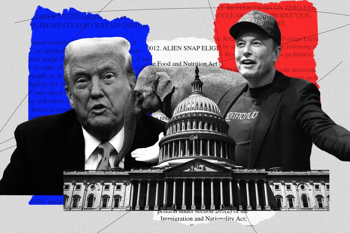 Big Beautiful Bill. Bildkollage zeigt Auszüge aus der Big Beautiful Bill davor ein Bild von Donald Trump, Elon Musk, dem Kapitol und eines Elefanten