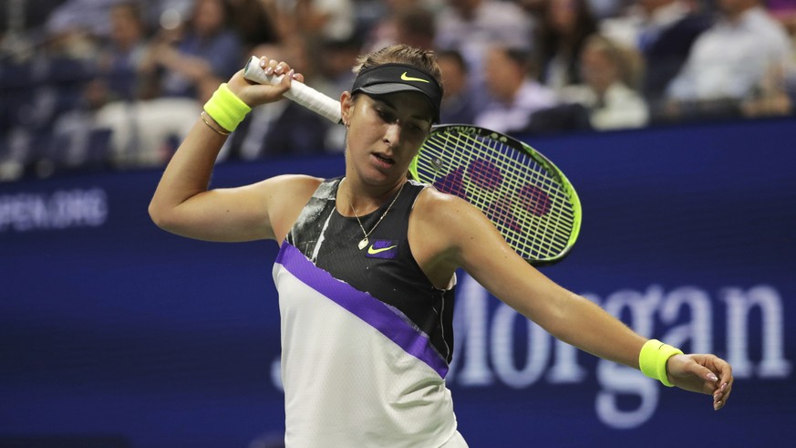 Belinda Bencic, of Switzerland, reacts after scoring a point against Bianca Andreescu, of Canada, during the semifinals of the U.S. Open tennis championships Thursday, Sept. 5, 2019, in New York. (AP  ...