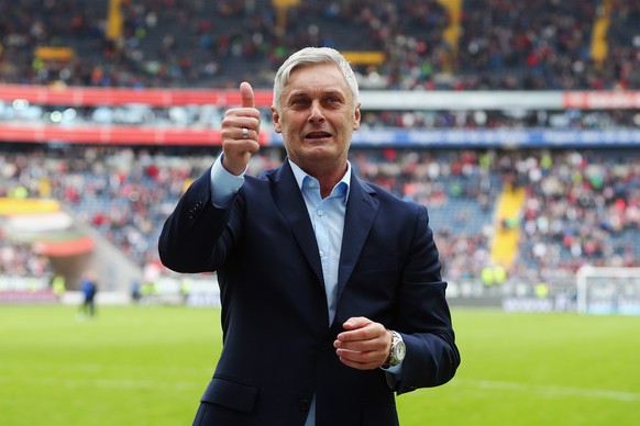 FRANKFURT AM MAIN, GERMANY - MAY 03: Head coach Armin Veh of Frankfurt waves to supporters after the Bundesliga match between Eintracht Frankfurt and Bayer Leverkusen at Commerzbank Arena on May 3, 20 ...