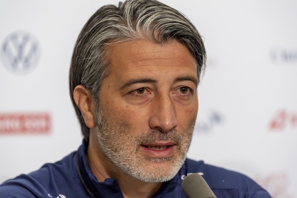 epa09446809 Switzerland&#039;s head coach Murat Yakin attends a press conference the day before the 2022 FIFA World Cup European Qualifying Group C match between Switzerland and Italy at the St. Jakob ...