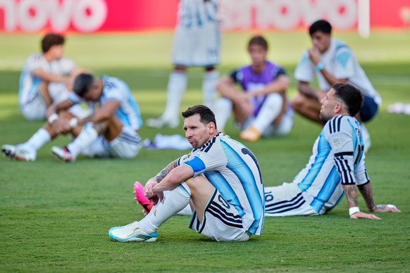 Argentina's Lionel Messi (10) reacts after the World Cup final soccer match between Spain and Argentina in East Rutherford, N.J., near New York, Sunday, July 19, 2026. (AP Photo/Ashley Landis)
Ar ...