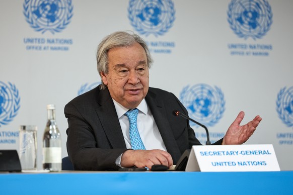 epa12947380 United Nations Secretary-General Antonio Guterres speaks during a press conference at the United Nations Office at Nairobi (UNON) following a groundbreaking and office inauguration ceremon ...