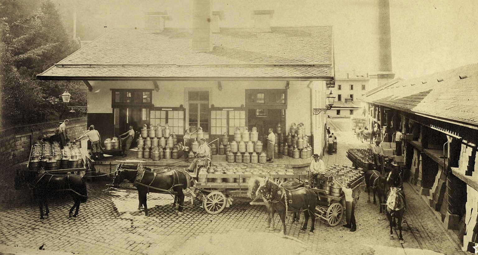 Vevey 1890, die Milch wird bei Nestlé angeliefert.