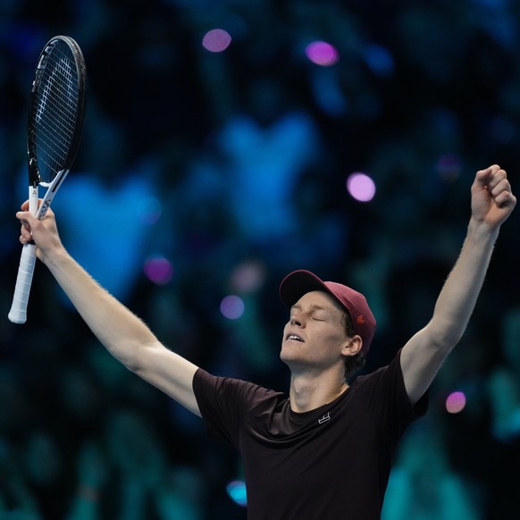 Italy&#039;s Jannik Sinner reacts after winning the final tennis match of the ATP World Tour Finals against Spain&#039;s Carlos Alcaraz in Turin, Italy, Sunday, Nov. 16, 2025. (AP Photo/Antonio Calann ...