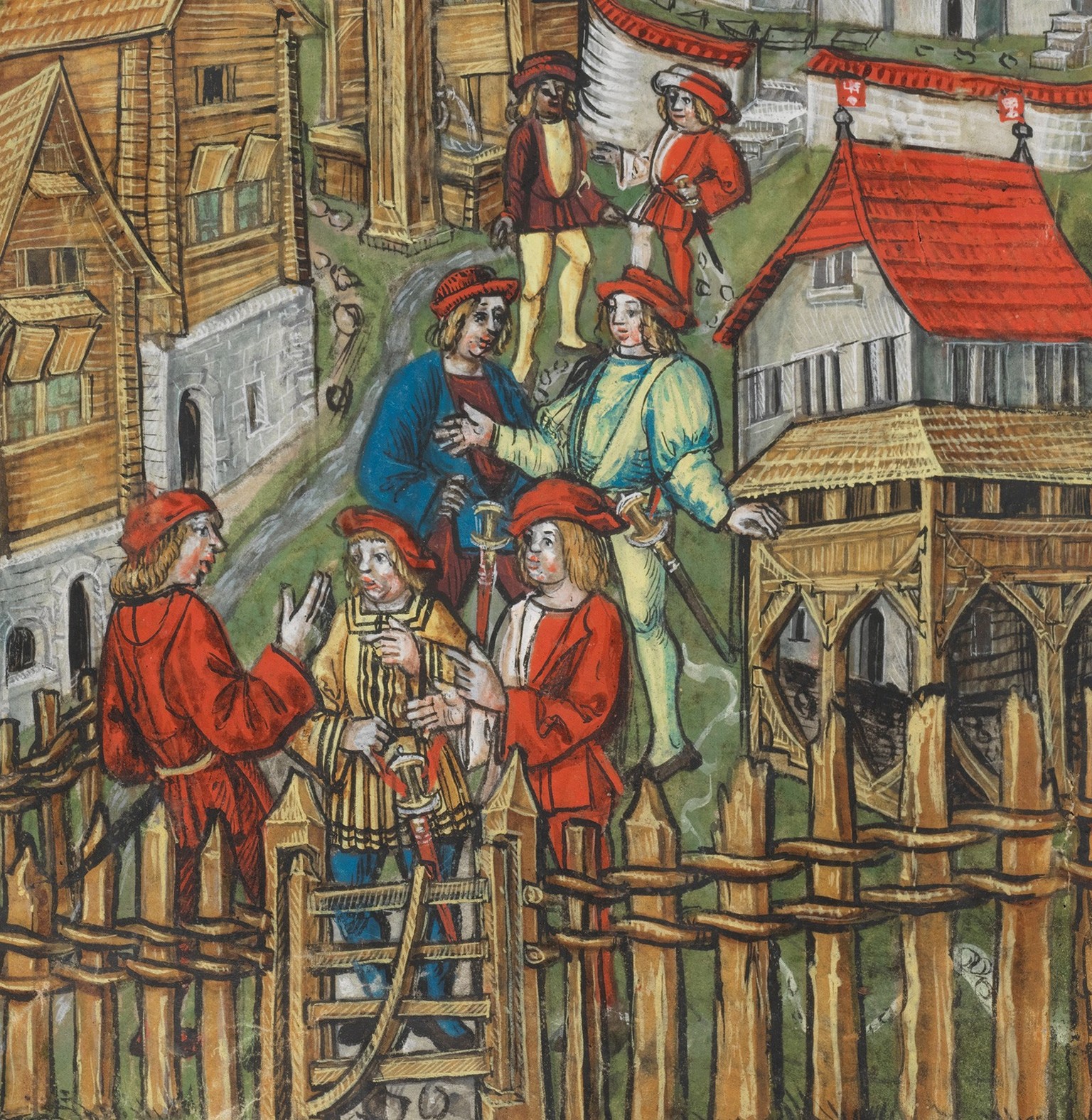 Stans 1481, auf dem Dorfplatz warten lebhaft diskutierende Männer auf Nachrichten über den Verlauf der Tagsatzung (Ausschnitt). Rechts das Rathaus, erneuert 1484, ein Steinbau mit einem zweiseitigen h ...
