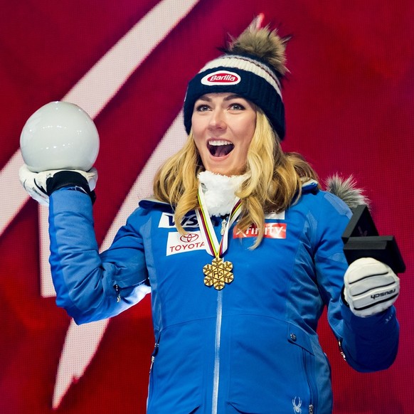 Mikaela Shiffrin of the United States, gold medal, celebrates during the medals cereemony after the women Super-G race at the 2019 FIS Alpine Skiing World Championships in Are, Sweden Tuesday, Februar ...