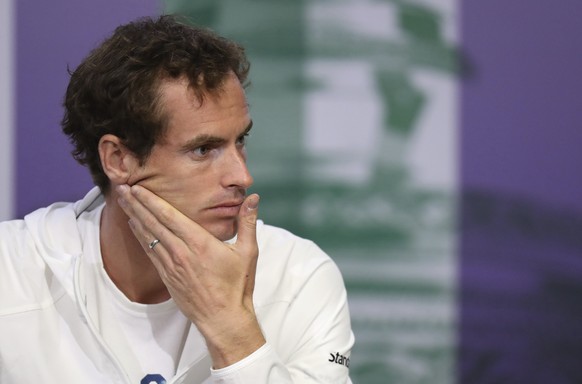 Britain&#039;s Andy Murray pauses during a press conference ahead of the Wimbledon Tennis Championships in London, Sunday, July 2, 2017. Murray is the defending men&#039;s singles champion. (Jed Leice ...