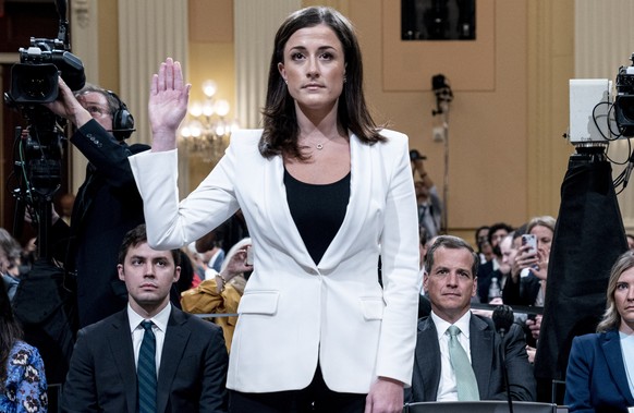 FILE - Cassidy Hutchinson, former aide to Trump White House chief of staff Mark Meadows, is sworn in to testify as the House select committee investigating the Jan. 6 attack on the U.S. Capitol holds  ...