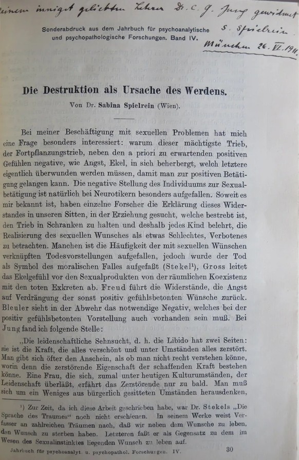 «Die leidenschaftliche Sehnsucht, d.h. die Libido, hat zwei Seiten: sie ist die Kraft, die alles verschönt und unter Umständen alles zerstört.» Sabina Spielrein führt in diesem Aufsatz als erste die V ...
