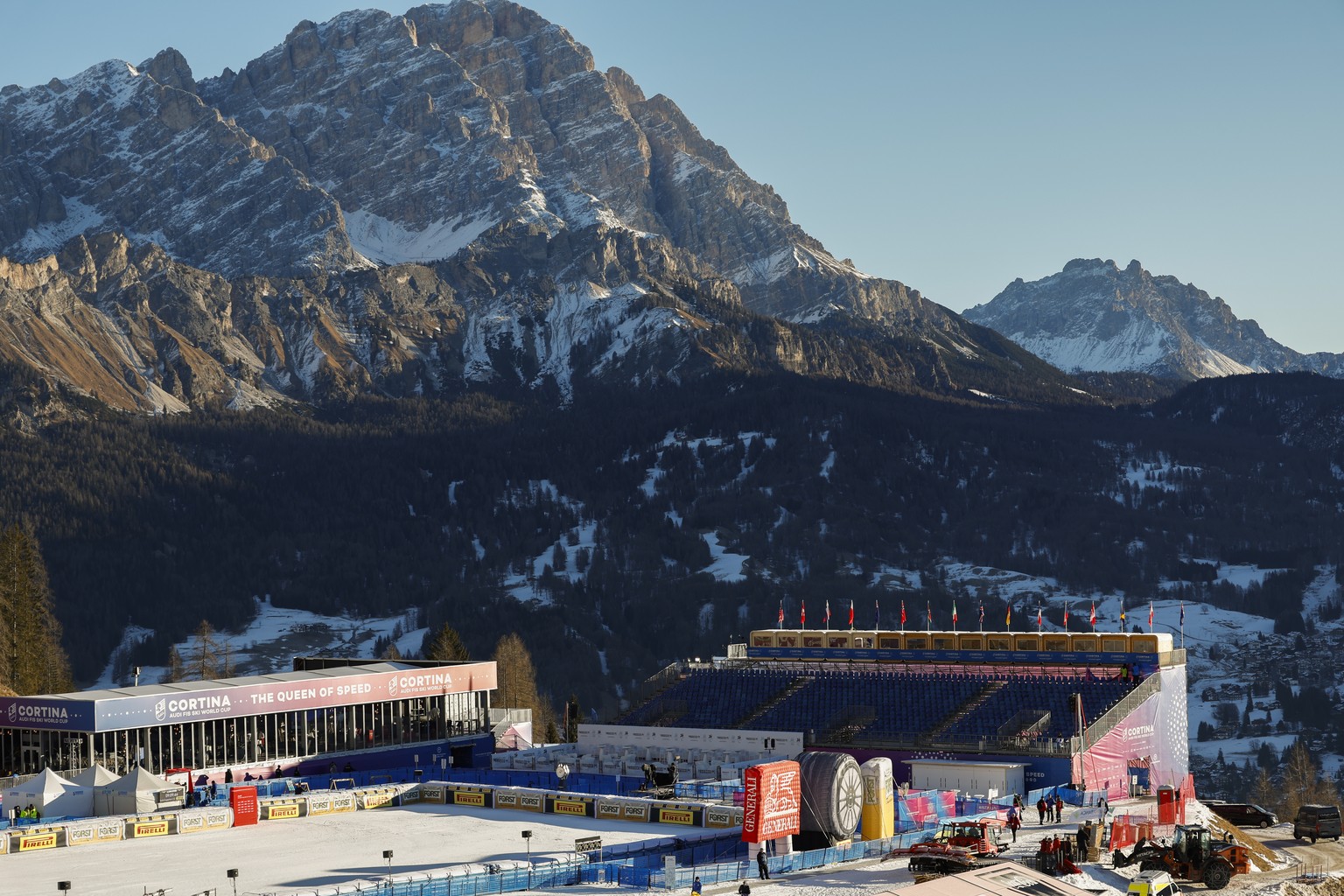 A view of the finish area at the Tofane Alpine Skiing Center, venue for the alpine ski discipline at the Milan Cortina 2026 Winter Olympics, in Cortina d'Ampezzo, Italy, Friday, Jan. 17, 2025. (A ...