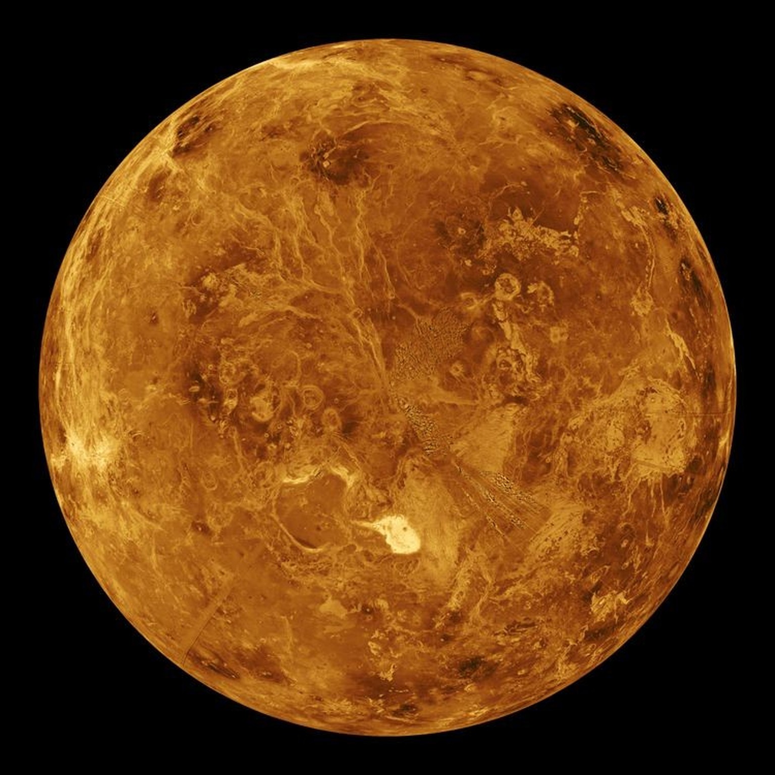 This global view of Venus is created through data from the Magellan, Pioneer, and Venera missions. This look from several spacecrafts displays the northern hemisphere of the planet.
By watching the ch ...