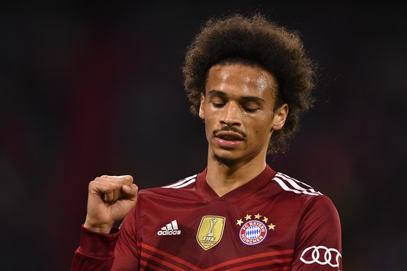 epa09496390 Bayern&#039;s Leroy Sane reacts after scoring the 4-0 goal during the UEFA Champions League group E soccer match between Bayern Munich and Dynamo Kiev in Munich, Germany, 29 September 2021 ...