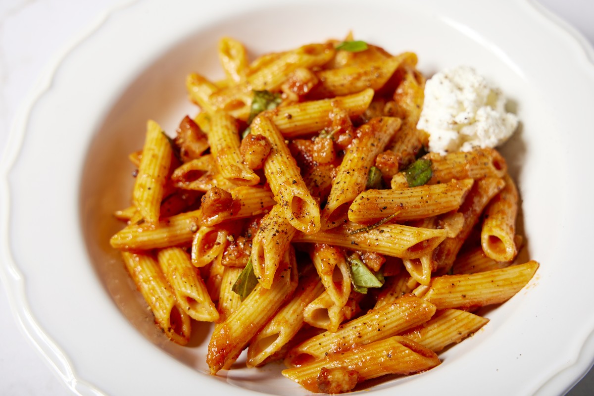 This image released by Milk Street shows a recipe for pasta with spicy tomato and pancetta sauce. (Milk Street via AP)
Food-MilkStreet-Spicy Tomato Pancetta Pasta