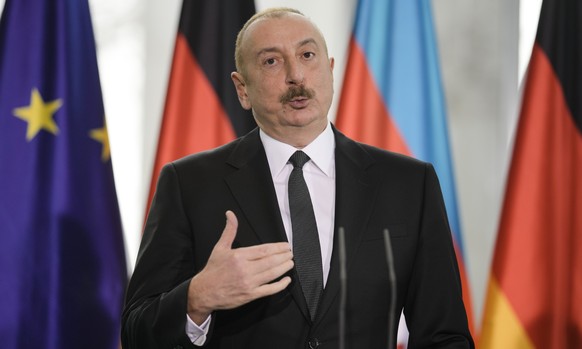 Azerbaijan&#039;s President Ilham Aliyev briefs the media during a news conference with German Chancellor Olaf Scholz after a meeting at the Chancellery in Berlin, Germany, Tuesday, March 14, 2023. (A ...
