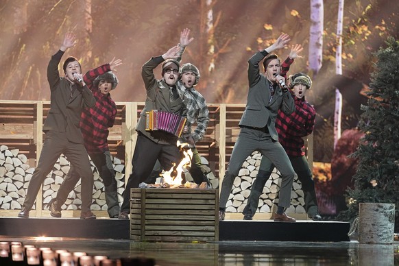 KAJ from Sweden performs the song &quot;Bara Bada Bastu&quot; during the dress rehearsal for the Grand Final of the 69th Eurovision Song Contest, in Basel, Switzerland, Friday, May 16 2025. (AP Photo/ ...